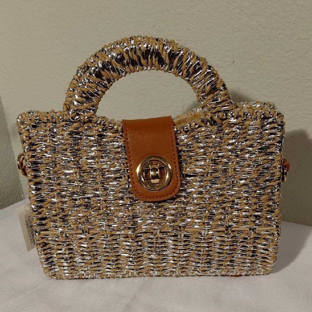 Stylish Tan and White Woven Handbag